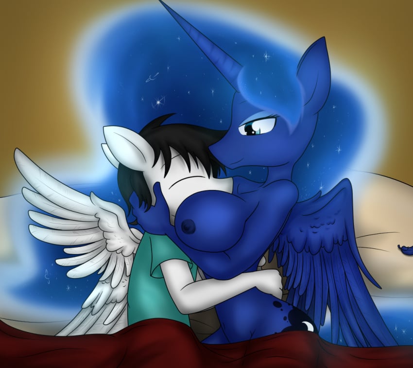 2016 alicorn anthro bed big_breasts black_hair blue_body blue_eyes blue_fur blue_hair breasts closed_eyes cosmic_hair curvy_figure cutie_mark digital_media_(artwork) duo equid equine ethereal_hair eyelashes eyeshadow face_in_breasts female fingers friendship_is_magic fur furniture hair hasbro horn horse hug huge_breasts lying makeup male male/female mammal my_little_pony mythological_creature mythological_equine mythology navel nipples nude on_side pegasus pony princess_luna_(mlp) sandwich-anomaly simple_background smile voluptuous white_body white_fur wings