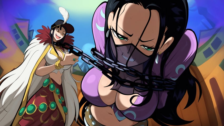 2girls ai_generated big_breasts captured chain_leash chained chains dancer_outfit female female_only large_breasts mullon nico_robin novelai one_piece slave