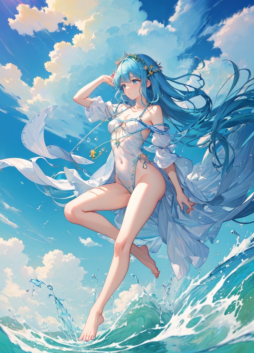 1girls ai_generated arm_up bangs bare_legs bare_shoulders barefoot bird blue_eyes blue_hair blue_sky breasts casual_one-piece_swimsuit cleavage closed_mouth cloud cloudy_sky collarbone covered_navel cumulonimbus_cloud day detached_sleeves feet floating_hair flower full_body hair_flower hair_ornament highleg highleg_swimsuit jewelry legs long_hair medium_breasts natsuyoru necklace ocean one-piece_swimsuit outdoors parted_lips see-through shell_hair_ornament sideless_outfit sky small_breasts solo splashing swimsuit thighs tiara toenail_polish toenails toes unnamed_character very_long_hair water waves white_one-piece_swimsuit