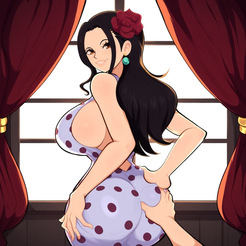 1boy ai_generated ass ass_grab big_ass big_breasts black_hair dat_ass female female_focus huge_ass huge_breasts male mullon novelai one_piece pov that_ass_was_fat thick_lips viola_(one_piece)