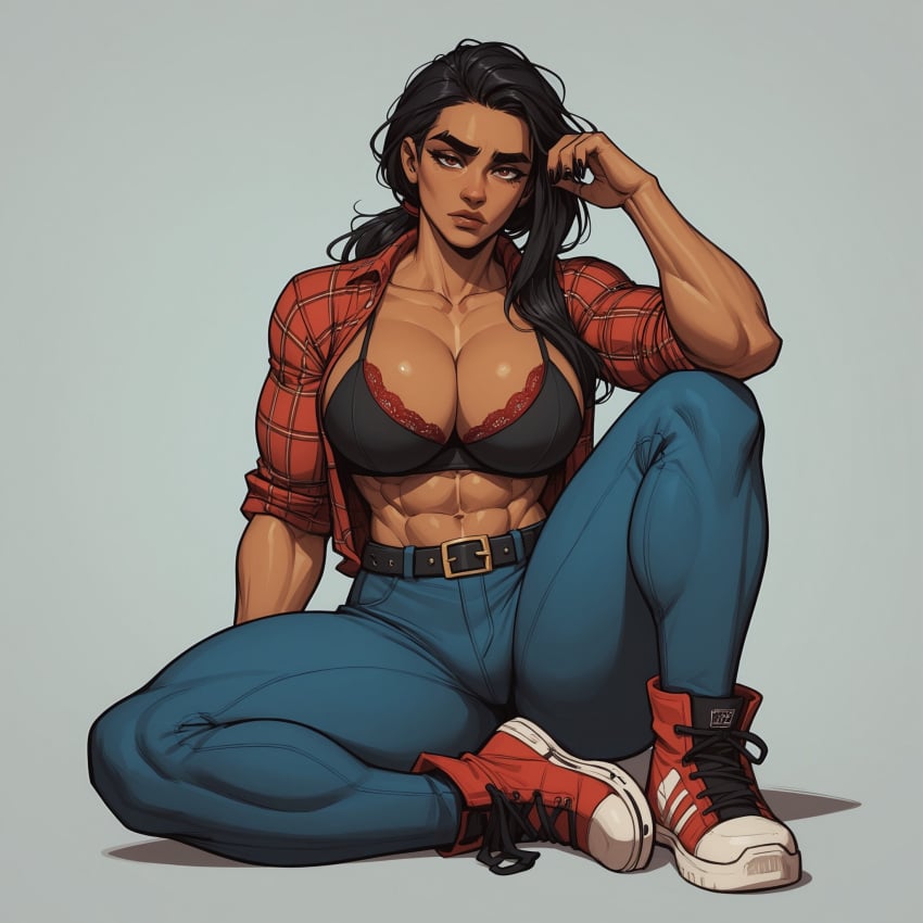 1girls abs ai_generated belt biceps big_breasts black_hair black_nails boots bra breasts bushy_eyebrows button_down_shirt feet_together female female_focus female_only flannel flannel_shirt genocide_nutter huge_breasts jeans julia_santos legs_apart lips long_hair looking_at_viewer muscles muscular muscular_arms muscular_female muscular_legs muscular_thighs original_character padded_bra pants ponytail shirt sitting sneakers solo solo_female solo_focus tan-skinned_female tan_skin thick_thighs thighs tight_clothing tight_jeans tight_pants tired_expression tired_eyes tomboy wavy_hair yodayo