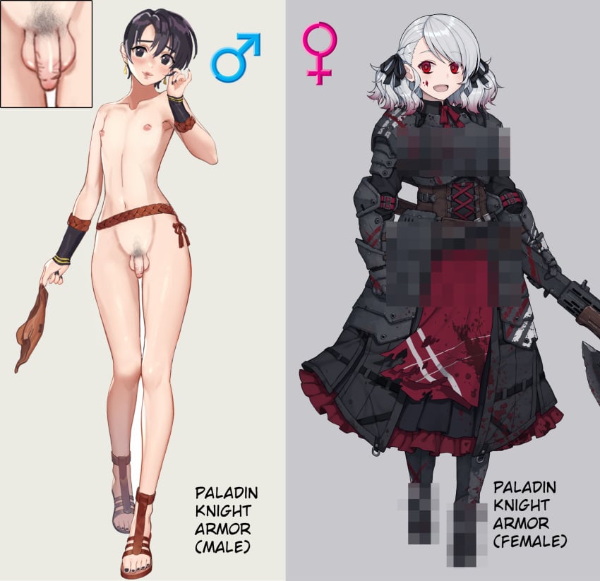 1boy 1girls androgynous armor artist_request censored cfnm clothed clothed_female_nude_male comparison dominant_male female_supremacy femboy femdom nude penis submissive_male