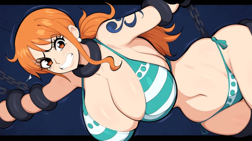 1girls ai_generated angry big_breasts bikini bikini_top captured female female_only huge_breasts large_breasts mullon nami nami_(one_piece) novelai one_piece orange_hair restrained top_heavy