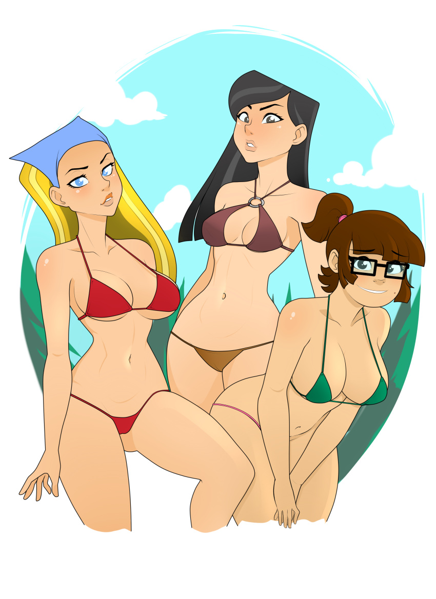 3girls asian asian_female beth_(tdi) bikini black_hair blonde_hair brown_hair cleavage clothed female female_only glasses heather_(tdi) human human_only large_breasts light-skinned_female light_skin lindsay_(tdi) long_hair multiple_girls rodjim swimsuit thighs total_drama_island