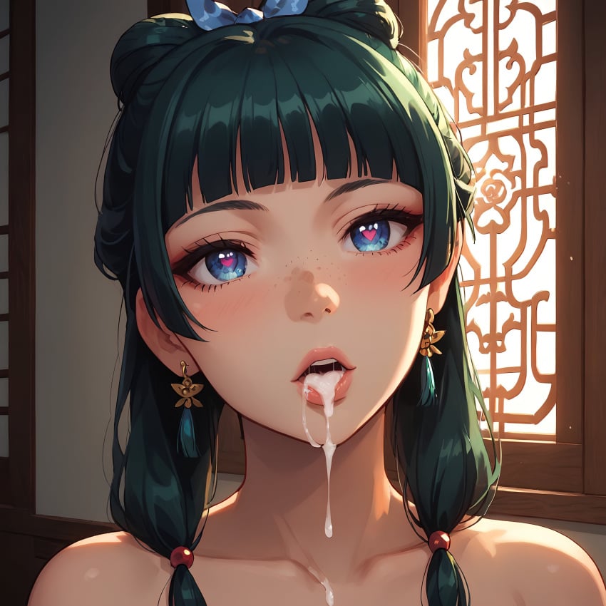 1girls after_fellatio after_oral ai_generated akarugi blue_eyes blush cum cum_drip cum_in_mouth freckles green_hair heart_eyes hi_res kusuriya_no_hitorigoto maomao_(kusuriya_no_hitorigoto) nude solo solo_female