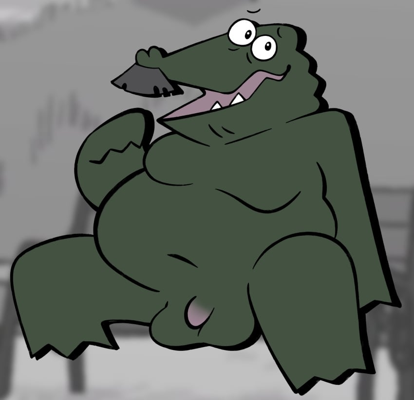 2022 absurd_res alligator alligatorid anthro balls belly bench blurred_background crocodilian digital_media_(artwork) facial_hair flaccid foreskin genitals hi_res humanoid_genitalia humanoid_penis later_alligator male mature_anthro mature_male moobs moustache navel nude outside overweight overweight_anthro overweight_male penis pillowfight public public_nudity reptile salamikii scalie sitting small_penis smallbu solo solo_male toony two_ton_tony unretracted_foreskin