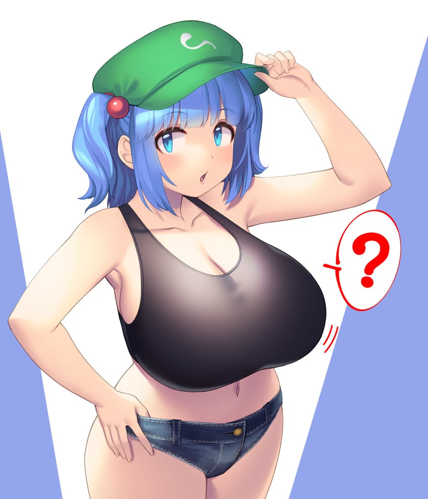 1girls big_breasts blue_eyes blue_hair breasts cap cleavage clothed_female hat huge_breasts light-skinned_female nitori_kawashiro shorts shortstack solo solo_female spoken_question_mark tank_top tarmo thick_thighs thighs touhou twintails