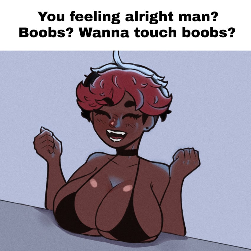 aleppi big_ass bikini bikini_top black_hair boobs?_wanna_touch_boobs? breasts breasts_out closed_eyes english_text female female_only meme meme_caption oc open_mouth original_character red_hair tagme text two_tone_hair