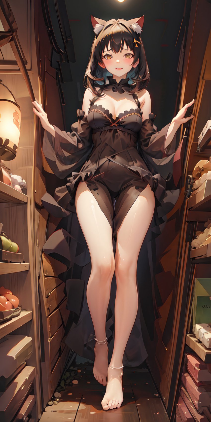 1girls ai_generated animal_ear_fluff animal_ears anklet ass_visible_through_thighs bangs bare_legs bare_shoulders barefoot black_dress black_hair black_panties blush breasts brown_eyes brown_hair cat_ears cat_girl cleavage colored_inner_hair covered_navel detached_sleeves doorway dress earrings extra_ears feet food frilled_dress frilled_sleeves frills fruit full_body hair_ornament hairclip hands_up indoors jewelry large_breasts legs long_hair long_sleeves looking_at_viewer medium_breasts medium_hair multicolored_hair nail_polish natsuyoru open_door open_mouth panties pelvic_curtain ribbon see-through sleeveless_dress smile solo standing thighs toenail_polish toenails toes underwear wide_sleeves wooden_floor yellow_eyes