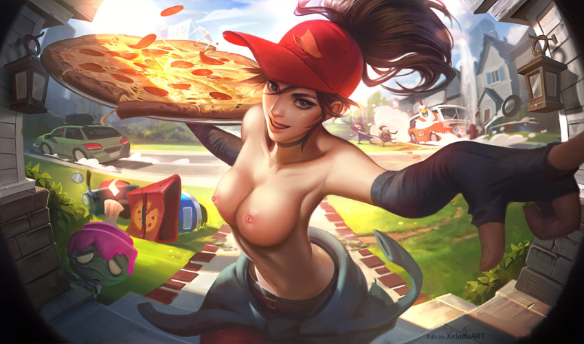 amumu belt birdio blue_eyes breasts brown_hair cap car clothing culinary_masters_series delivery_girl edit female female_only fingerless_gloves galio gloves hair hat league_of_legends lips nipples nude nude_edit partially_clothed pepperoni pizza pizza_delivery pizza_delivery_sivir pizza_girl ponytail public richtofen riot_games sivir solo surprise_party_amumu teasing the_grind_series topless