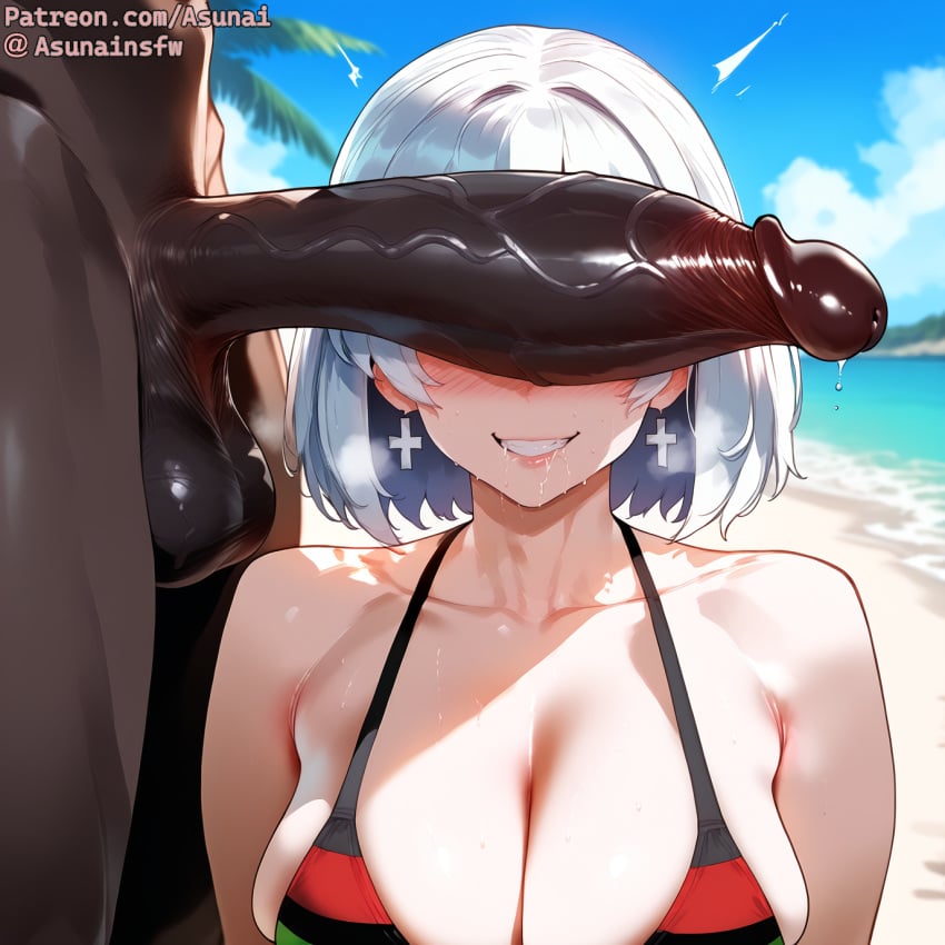 1boy ai_generated asunai azur_lane beach bikini black_penis blush cant_see_the_haters cock_worship cross curvy dark-skinned_male drooling earrings female gigantic_penis grin imminent_oral imminent_sex interracial large_balls large_breasts light-skinned_female outdoors pan-african_colors pan-african_flag pan-african_flag_bikini pan_african_colors penis_over_eyes posing_with_dick saliva seductive_smile smile stable_diffusion submissive_female tirpitz_(azur_lane) veins veiny_penis white_hair