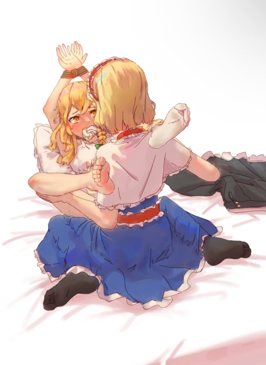 2girls alice_margatroid arms_up barefoot blonde_hair bound bound_wrists feet gagged lyutikovski marisa_kirisame rape sitting tears touhou wariza yellow_eyes yuri