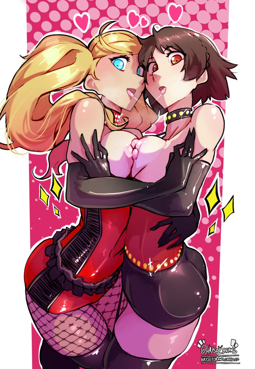 2girls after_kiss ann_takamaki ass big_ass big_breasts black_gloves blonde_hair blue_eyes blush breast-to-breast breast_press breasts brown_hair choker clothing collar elbow_gloves embracing female fishnets gloves haysey_draws heart hi_res high_resolution highres hug large_filesize legwear long_hair looking_at_viewer makoto_niijima megami_tensei multiple_girls nipples open_mouth pantyhose persona persona_5 red_eyes saliva saliva_string saliva_trail short_hair source_request symbol-shaped_pupils symmetrical_docking thighhighs tied_hair tongue tongue_out topless twintails very_high_resolution yuri