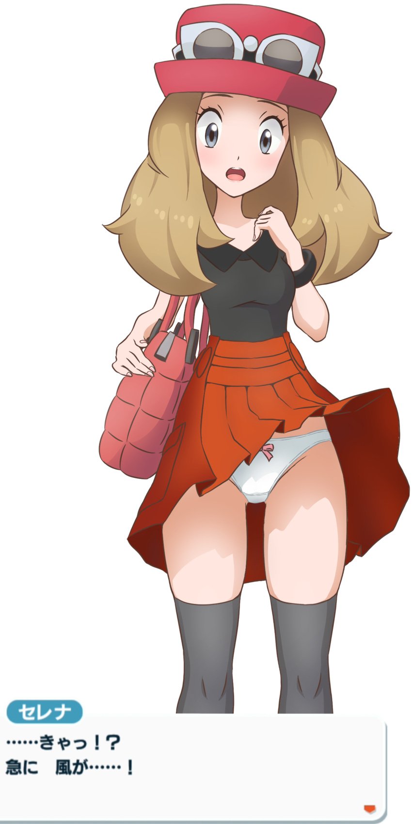 1girls :o absurd_res accidental_exposure alucard2014g black_thighhighs blonde_hair bow bow_panties creatures_(company) dirty_blonde_hair game_freak glasses grey_background grey_eyes handbag hat hi_res japanese_text long_hair looking_down nintendo open_mouth panties pantyshot pokemon pokemon_masters pokemon_masters_ex pokemon_xy serena_(pokemon) serena_(pokemon_games) simple_background skirt_lift standing text thighhighs white_panties wind_lift