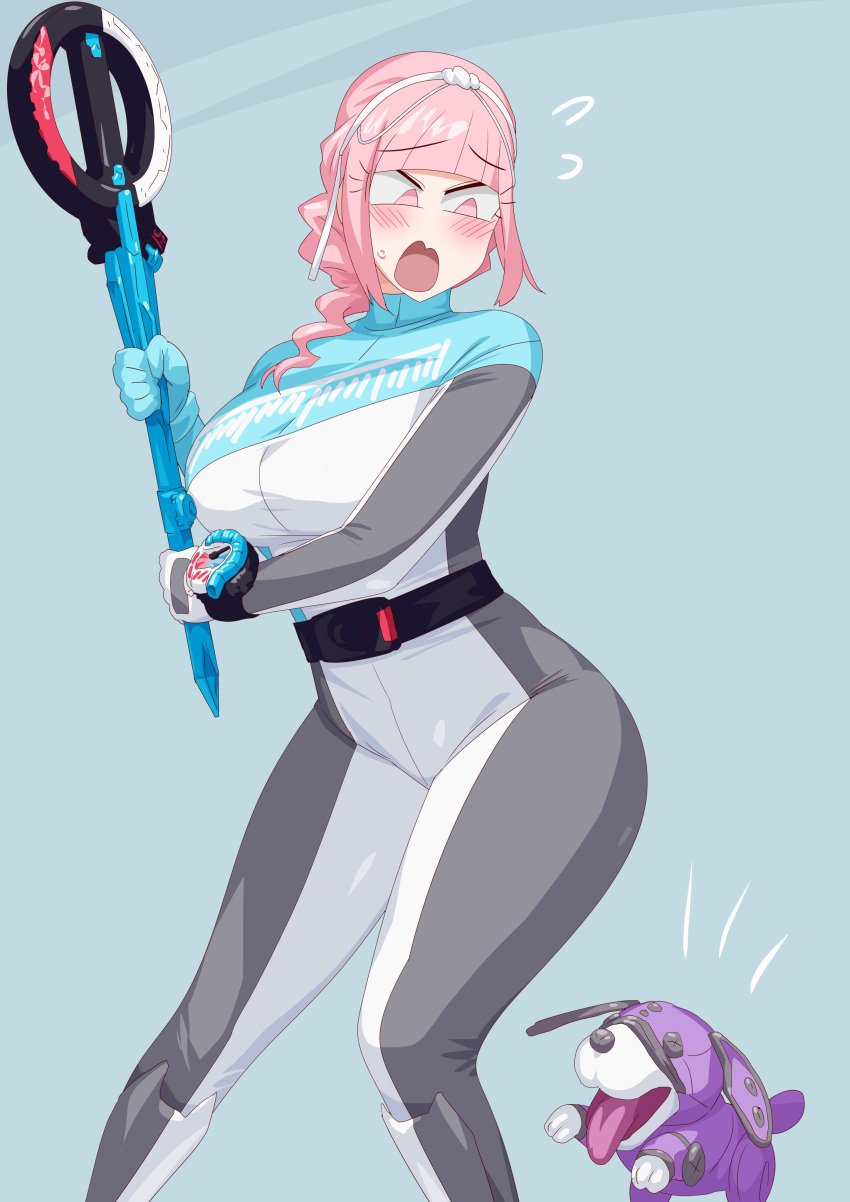 1girls alluring bakuage_sentai_boonboomger blue_eyes bodysuit canine hashiriken holding holding_weapon nicola_keydoor no_headwear pink_hair robot_animal robot_dog super_sentai sword tiara weapon