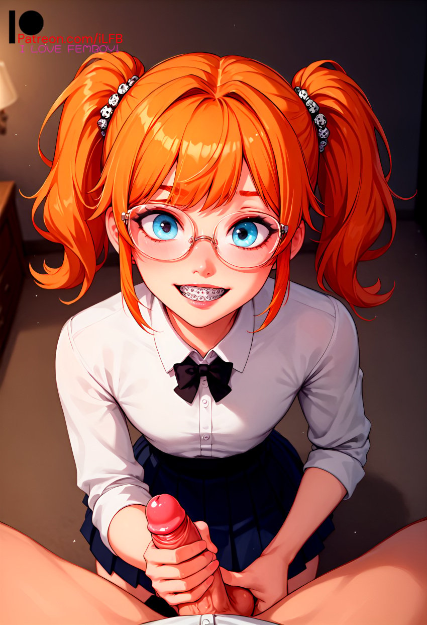 2boys ai_generated blush braces embarrassed faceless_male femboy flat_chested glasses handjob ilfb looking_at_partner looking_at_viewer looking_up male male_pov orange_eyes orange_hair petite petite_body pov pov_eye_contact school_uniform shy trap twintails