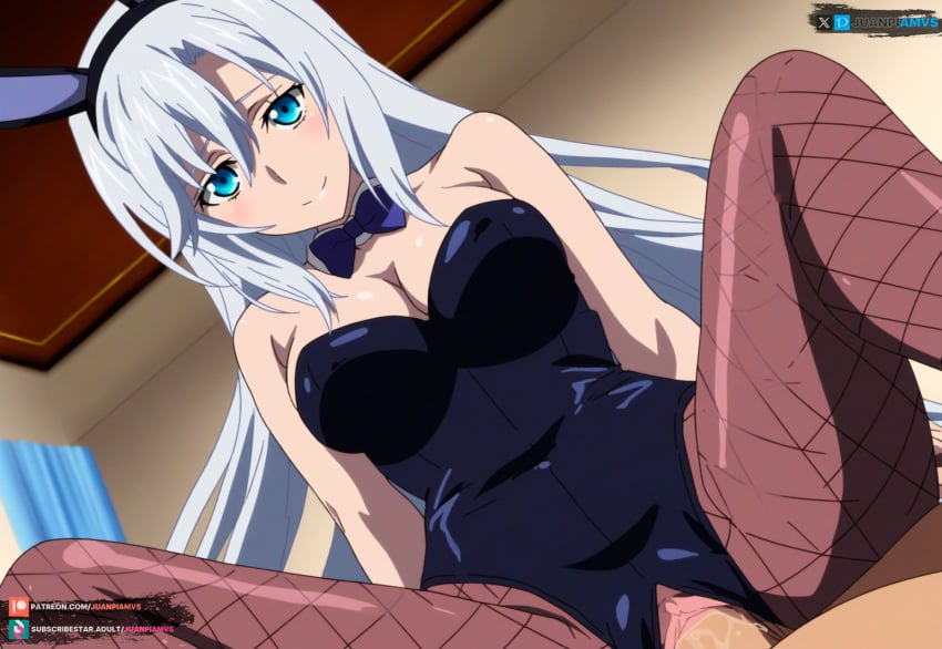 1boy 1boy1girl ai_generated big_breasts blue_eyes blush bunny_ears bunny_girl bunnysuit cowgirl_position curvy curvy_figure female juanpiamvs la_folia_rihavein long_hair looking_at_viewer open_legs patreon patreon_username penetration sex silver_hair sitting_on_penis sitting_on_person strike_the_blood subscribestar subscribestar_username watermark