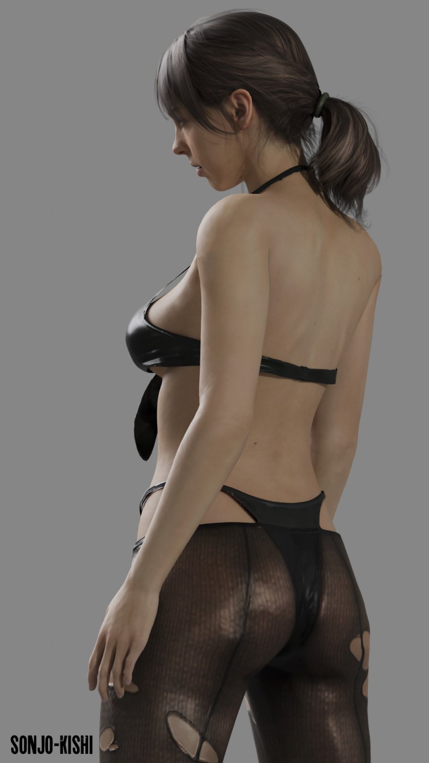 3d back_view bikini black_bikini brown_hair metal_gear_solid metal_gear_solid_v pantyhose ponytail quiet_(metal_gear) sonjo-kishi swimsuit torn_pantyhose