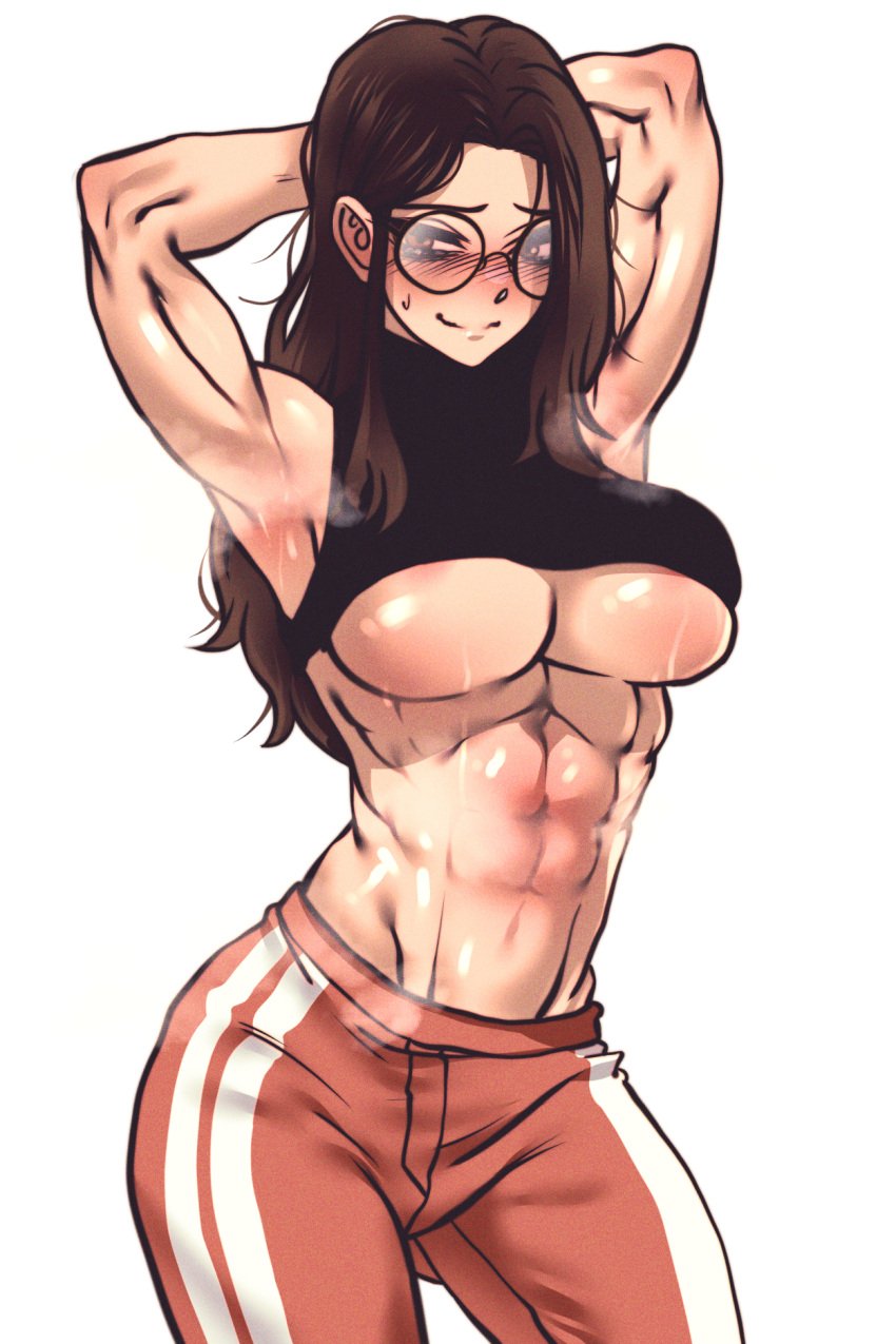 abs blush brown_hair female glasses muscular_female smile underboob