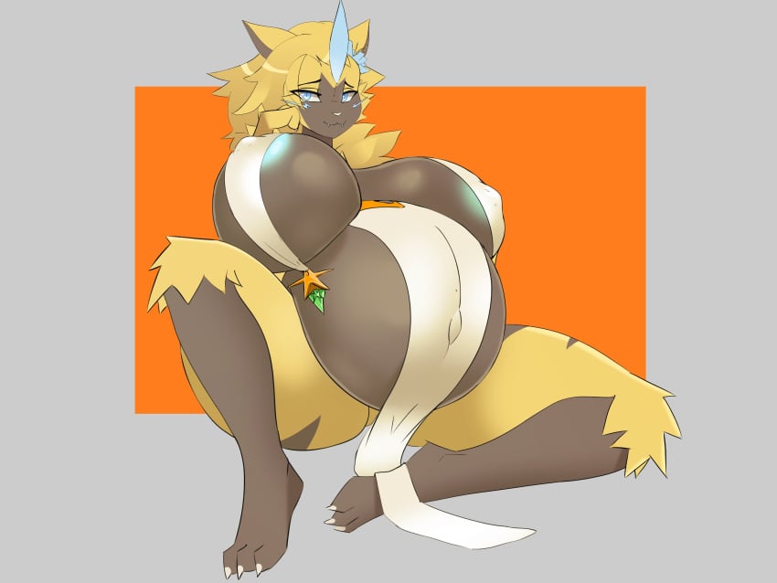 artimusdraw aurora_(nbanoob) big_breasts breasts cleavage female furry huge_breasts pokemon pokemon_(species) pregnant ready_to_pop thick_thighs wide_hips zeraora