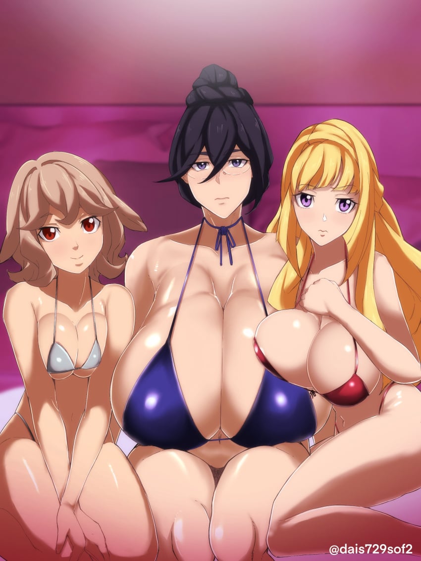 3girls absurdres atra_mixta bikini black_hair blonde_hair breasts brown_hair dais729sof fumitan_admoss glasses gundam gundam_tekketsu_no_orphans highres huge_breasts kudelia_aina_bernstein large_breasts long_hair medium_breasts micro_bikini multiple_girls purple_eyes red_eyes swimsuit