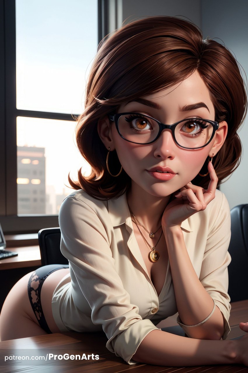 1girls ai_generated artist_name black-framed_eyewear black_panties breasts brown_eyes brown_hair chair cleavage collared_shirt desk disney earrings elastigirl glasses helen_parr hi_res hoop_earrings indoors jewelry leaning_forward lips looking_at_viewer medium_breasts mole necklace no_pants nose panties parted_lips patreon_username pendant pixar progenarts shirt short_hair sleeves_pushed_up sleeves_rolled_up solo superhero superheroine the_incredibles the_incredibles_2 underwear watermark web_address white_shirt window