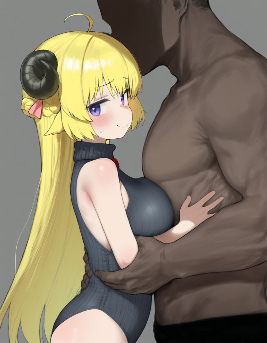 1boy 1boy1girl 1girls ai_generated bare_arms black_leotard blonde_hair dark-skinned_male faceless_male female from_side hololive hololive_japan hug interracial large_breasts leotard long_hair looking_at_viewer netorare ntr pafu_(pafuunchained) purple_eyes ribbed_leotard sheep_ears sheep_girl sheep_horns sideways_glance size_difference smug straight tsunomaki_watame virtual_youtuber