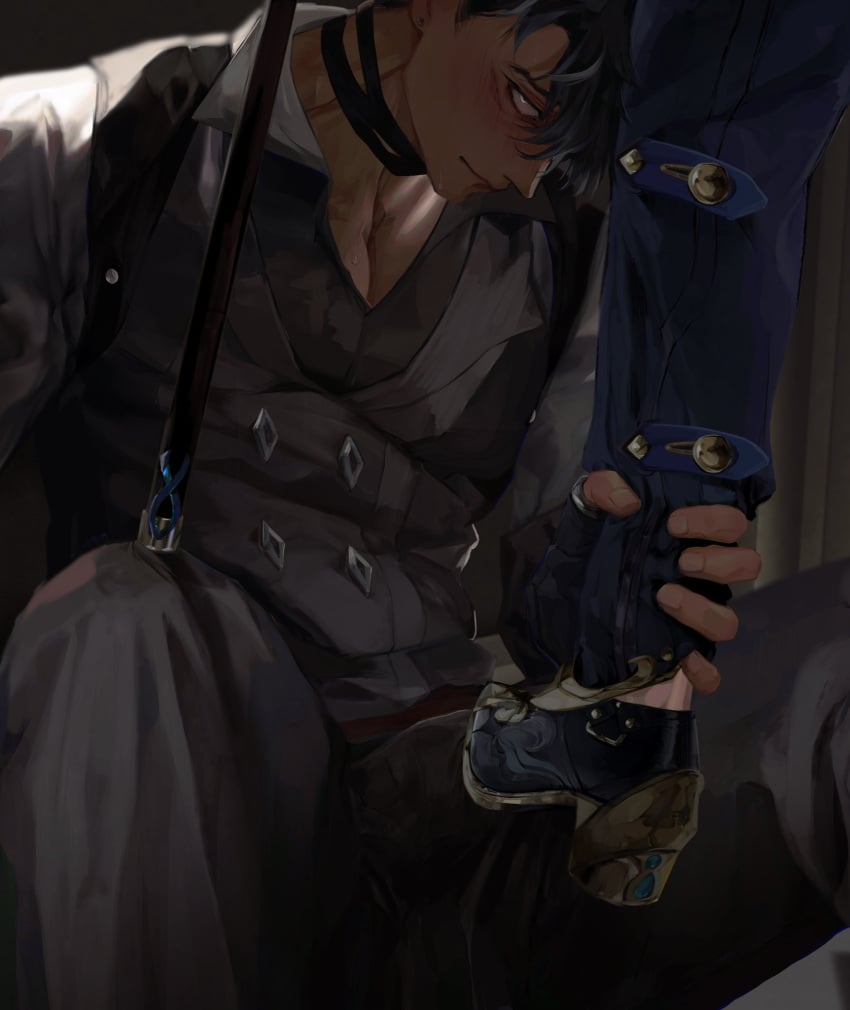 2boys blush bulge bulge_through_clothing cane feet foot_play gay genshin_impact male_only neuvillette_(genshin_impact) wriothesley_(genshin_impact) yaoi