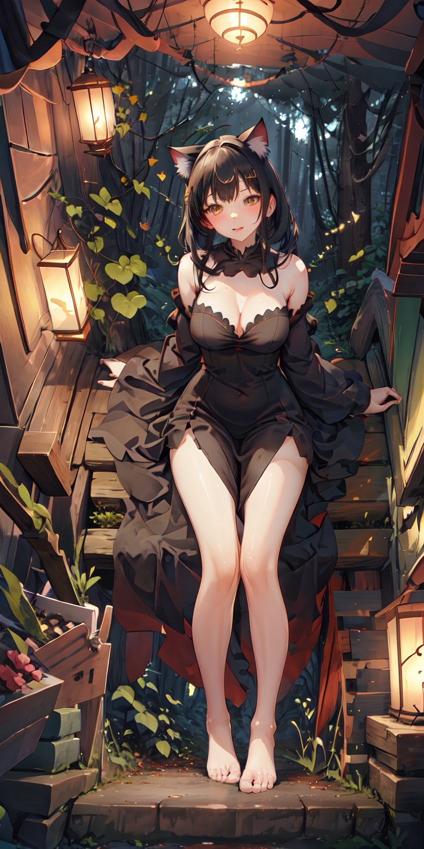 1girls ai_generated animal_ear_fluff animal_ears arm_support bangs bare_legs bare_shoulders barefoot black_dress black_hair black_sleeves blush bowtie breasts brown_eyes bug cat_ears cat_girl cleavage covered_navel detached_collar detached_sleeves dress extra_ears feet forest frilled_dress frills full_body hair_ornament hairclip lantern large_breasts legs long_hair long_sleeves looking_at_viewer medium_breasts nail_polish natsuyoru nature open_mouth outdoors parted_lips pelvic_curtain plant sitting smile solo stairs strapless strapless_dress thighs toenail_polish toenails toes tree unnamed_character wide_sleeves yellow_eyes