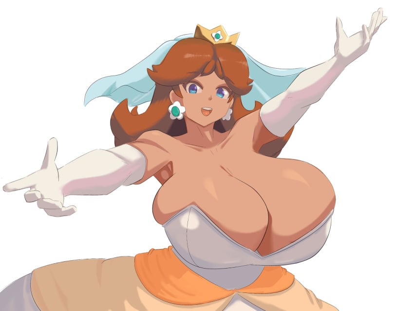 1girls breast_focus breasts_bigger_than_head dress huge_breasts hyper hyper_breasts looking_at_viewer mario_(series) massive_breasts princess_daisy rodgewp solo_female tagme tanned tanned_skin third-party_edit wedding_dress