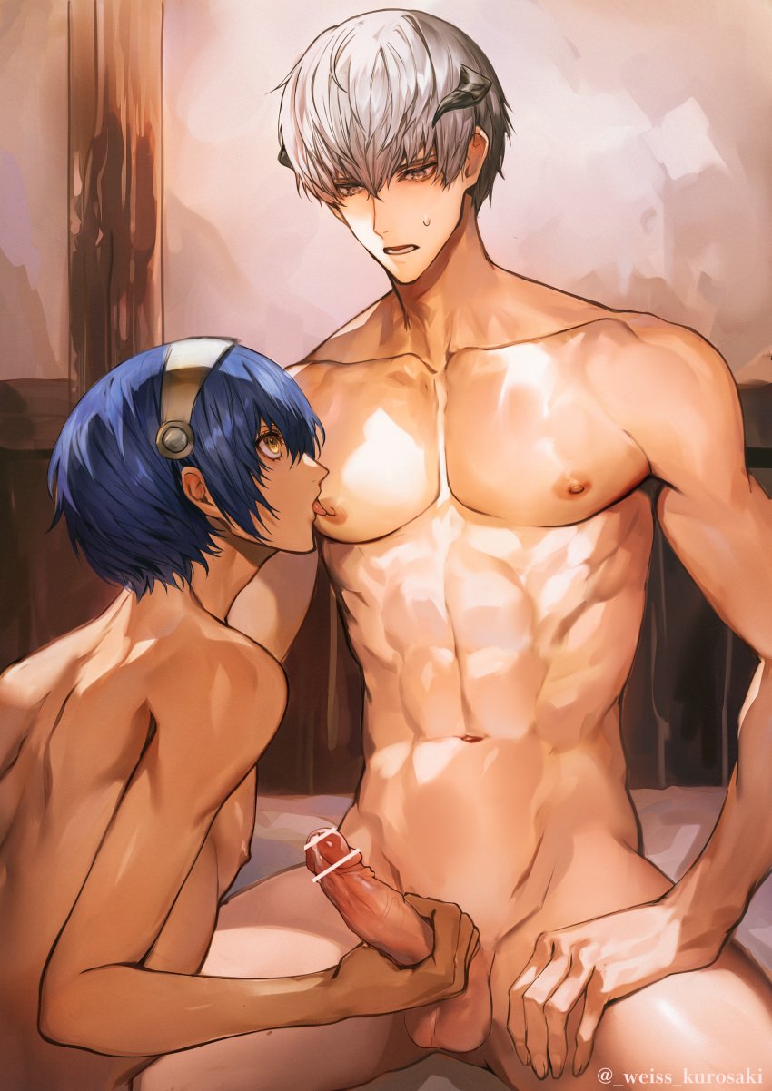 2boys abs absurdres back bar_censor blue_hair censored collarbone commentary_request completely_nude dark-skinned_male dark_skin erection eye_contact groin hair_between_eyes hairband hand_on_own_thigh handjob highres horns indoors large_pectorals large_penis legacy_zechs leon_strohl licking licking_nipple looking_at_another male_focus metaphor:_refantazio multiple_boys navel nipple_stimulation nipples nude on_bed parted_lips pectorals penis precum profile protagonist_(metaphor:_refantazio) shiny_skin short_hair sitting spread_legs sweatdrop testicles toned toned_male tongue tongue_out twitter_username white_hair will_(metaphor:_refantazio) yaoi yellow_eyes