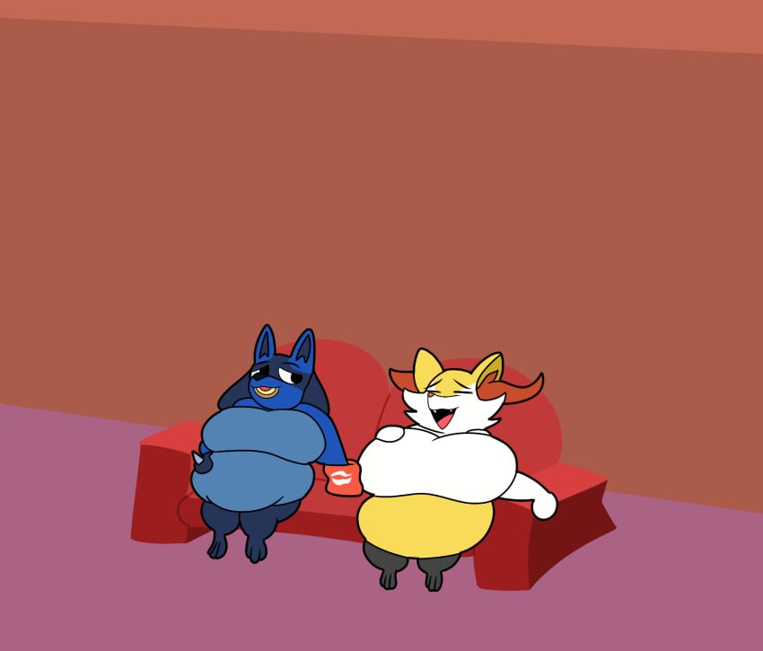 2girls bbw big_breasts braixen breasts cleavage female furry huge_breasts lucario overweight pokemon pokemon_(species) teaset_haliley thick_thighs wide_hips