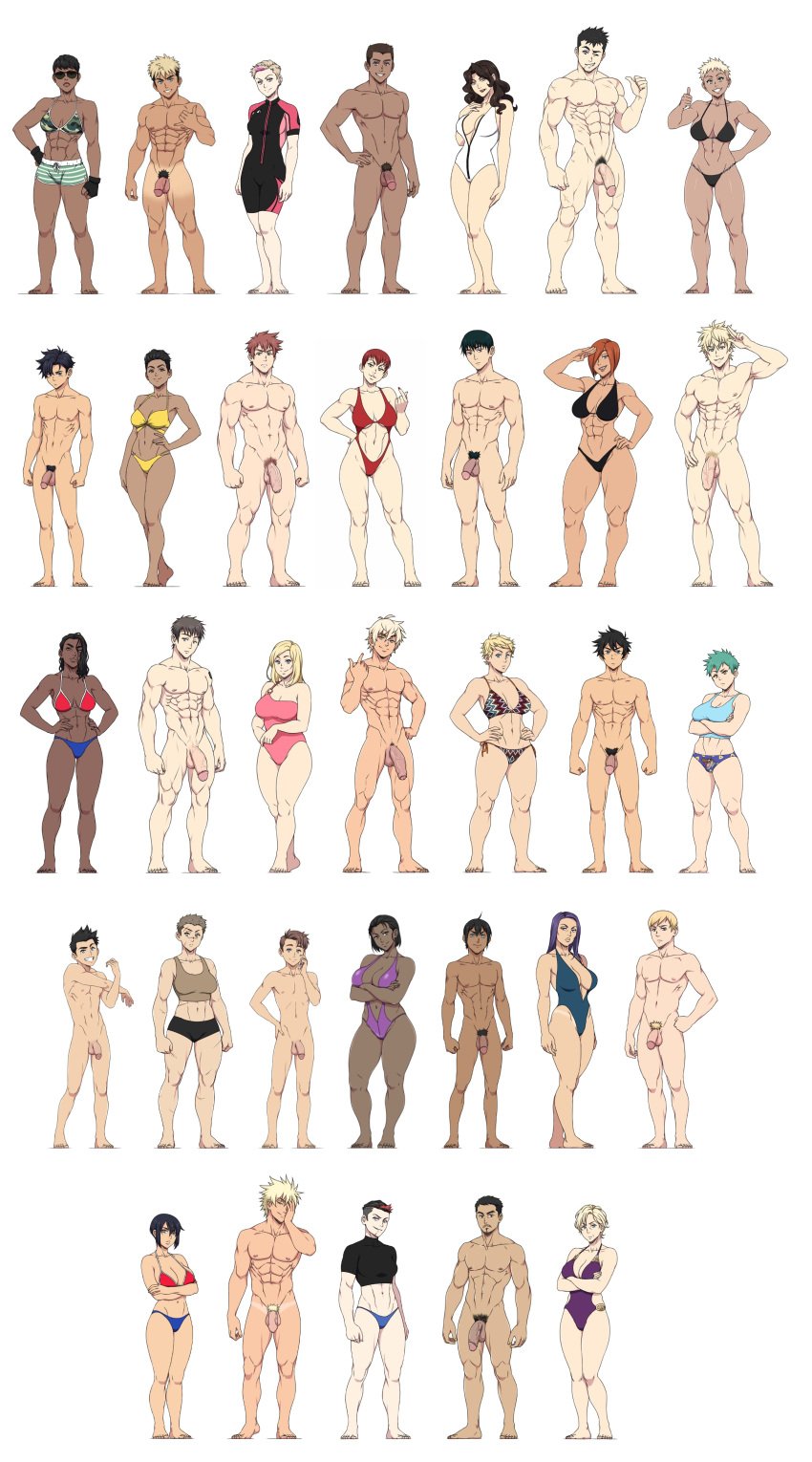 6+boys 6+girls abs absurdres arms_up bare_arms bare_legs bikini black_bikini black_hair blonde_hair blue_bikini blue_eyes bodysuit breasts brown_eyes brown_hair camouflage camouflage_bikini cfnm cleavage closed_mouth clothed_female_nude_male crotch dark_skin diving_suit facial_hair feet female_pubic_hair flaccid foreskin glans green_eyes green_hair grey_hair groin hand_on_own_hip highres ichan ichan-desu ignition_crisis large_penis long_hair looking_at_viewer military moustache multiple_boys multiple_girls multiple_views muscular navel nipples nude one-piece_swimsuit pale_skin parted_lips pectorals penis pink_one-piece_swimsuit pubic_hair purple_hair purple_one-piece_swimsuit red_bikini red_hair salute scar scar_on_face sgt_crisis short_hair shorts simple_background smile spiked_hair standing stomach sunglasses swimsuit tan tanline teeth testicles thighs thumbs_up urethra veins veiny_penis wetsuit white_background yellow_bikini