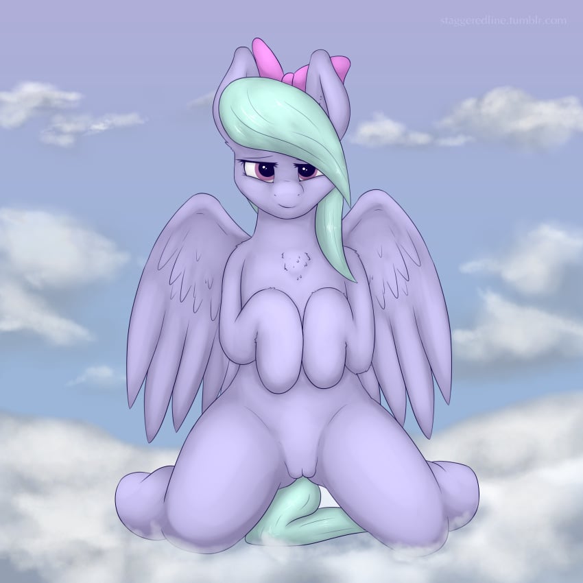 blue_hair bow cloud equine feathered_wings feathers female feral flitter_(mlp) friendship_is_magic fur hair hair_ribbon hairbow hi_res hooves kneeling long_hair looking_at_viewer mammal my_little_pony outside pegasus pink_eyes purple_feathers purple_fur pussy ribbons sky smile solo staggeredline wings