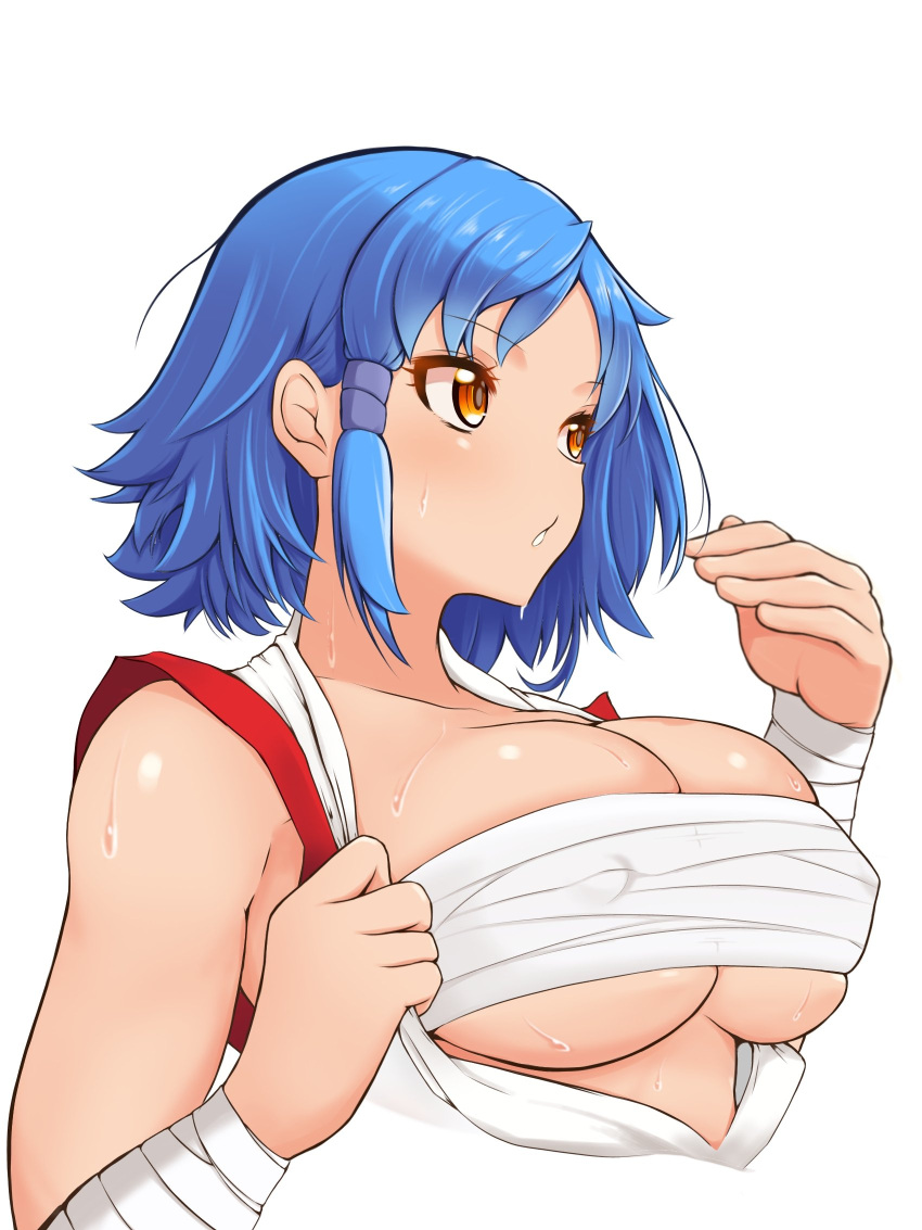 1girls arcana_heart big_breasts blue_hair breasts busty cleavage covered_erect_nipples female female_only highres japanese_clothes kasuga_tsuzune large_breasts miko open_clothes parted_lips sarashi sensual short_hair solo sweat tomboy underboob voluptuous yellow_eyes