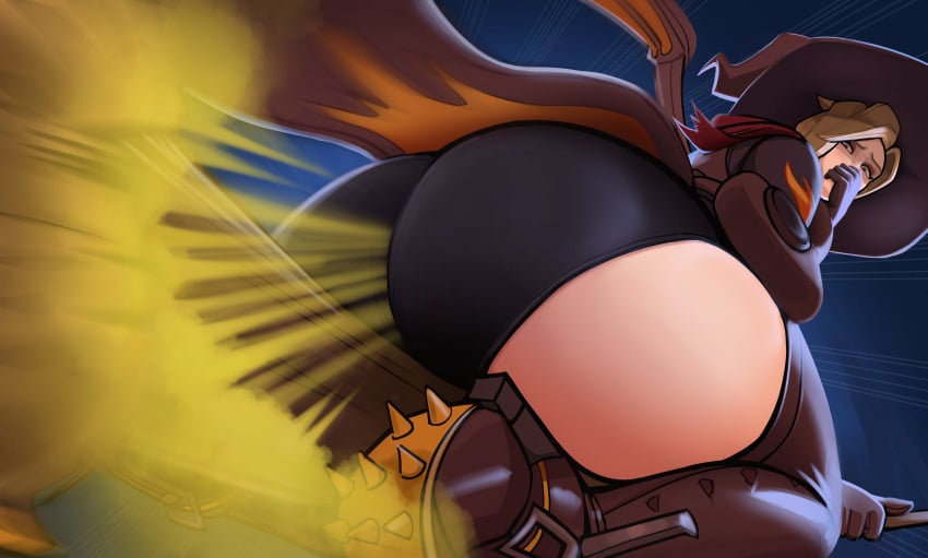 ass blonde_hair broom brown_legwear covering_mouth fart_fetish farting female grey_eyes huge_ass lolotron6 looking_back mercy overwatch short_hair solo thick_thighs thighhighs witch_mercy