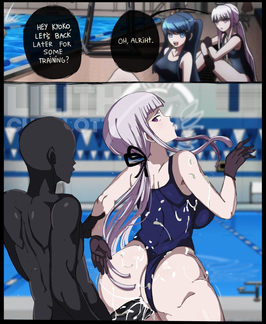 1boy 2girls ass best_girl big_ass big_breasts big_butt blackened_(danganronpa) blue_eyes blue_hair breasts butt caught cum cum_in_pussy cum_inside cum_on_ass cum_on_back cum_on_body danganronpa danganronpa:_trigger_happy_havoc fat_ass female gloves grey_body kirigiri_kyouko lavender_eyes lavender_hair lilithcharlott2 looking_back maizono_sayaka male multiple_girls one-piece_swimsuit penis penis_out pool poolside pussy_juice_drip sex straight swimsuit