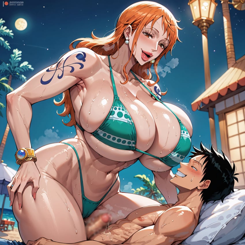 1boy1girl ai_generated ailurid big_breasts big_mac(artist) bikini black_hair cowgirl_position enormous_breasts female full_lips huge_breasts huge_lips huge_thighs large_penis lips male monkey_d_luffy nami on_top on_top_of_penis one_piece orange_hair thick_thighs