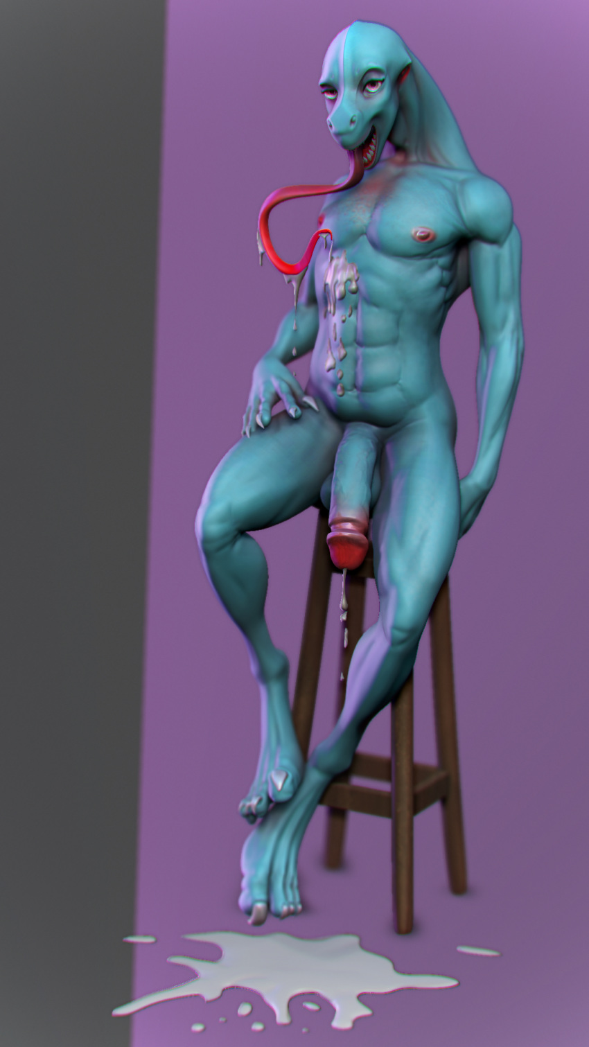 3d abs cum cum_drip dinosaur dripping drippy huge_cock kruk looking_at_viewer looking_pleasured male male_only model muscular nipples penis reptile saliva saliva_string scalie slim tongue tongue_out