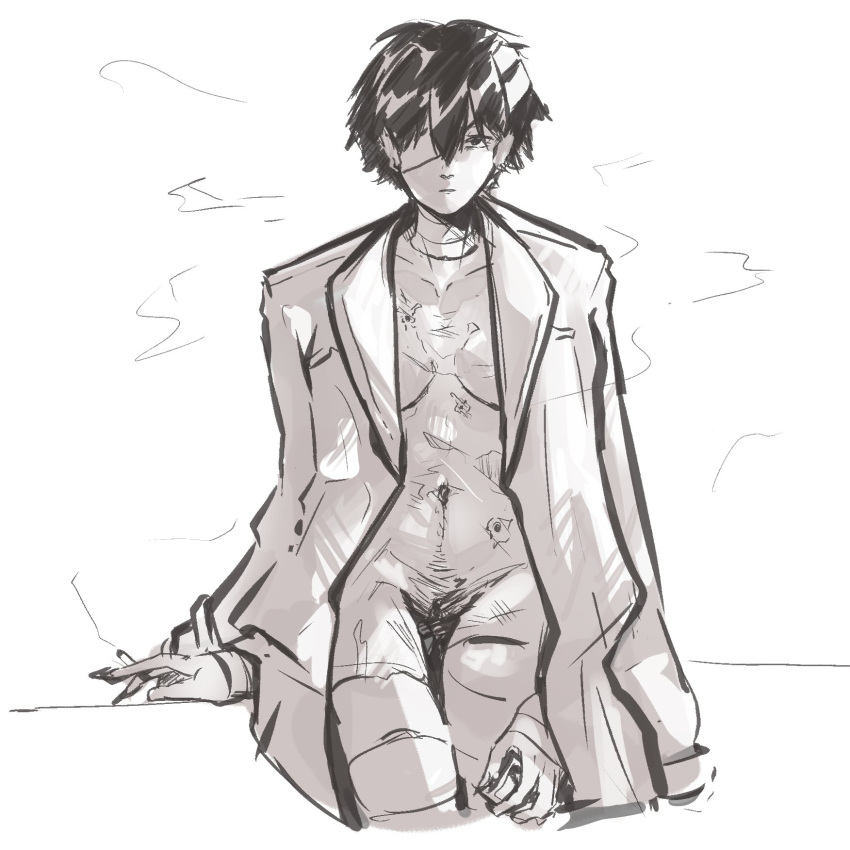 1boy bandage_on_face bandage_over_one_eye blank_eyes blank_stare bsd bungo_stray_dogs bungou_stray_dogs cigarette cigarette_holder cigarette_smoke coat coat_on_shoulders coat_only coat_open cuntboy cuntboy_only cuntboy_with_breasts dark_eyes dark_hair dazai_osamu holding_cigarette holding_object intersex jacket jacket_on_shoulders jacket_open male male_only naked no_sex nude nude_cuntboy nude_male nyabrine osamu_dazai partially_clothed partially_nude partially_nude_male scar scarred scarred_body scars_all_over solo_focus solo_male thin variant variant_set