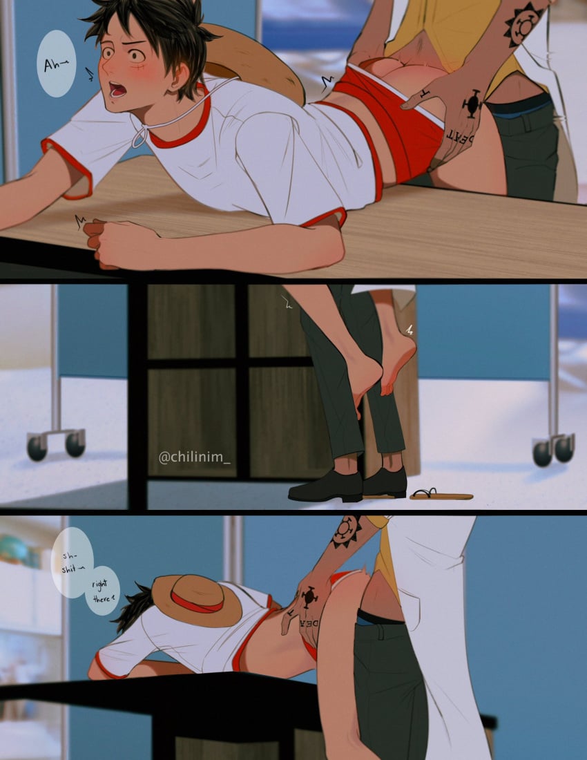 anal anal_sex beard black_hair blush currynim gay hat male male_focus male_only monkey_d_luffy one_piece open_mouth pants_down penetration penis_in_ass shirt shorts skinny tattoo trafalgar_law yaoi young