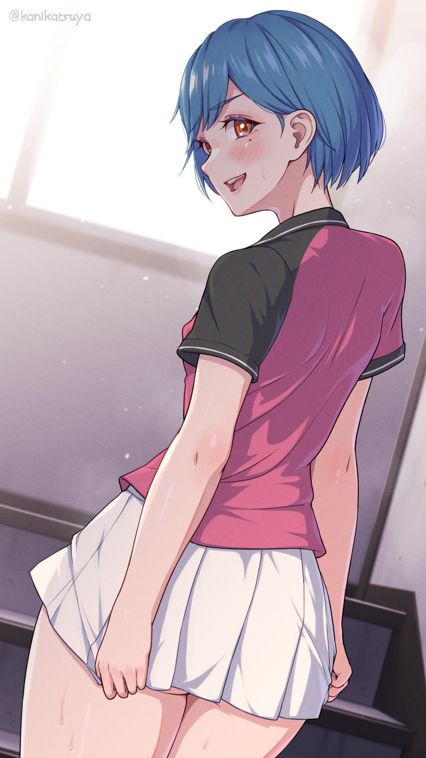 absurdres ass ass_peek blue_hair blush covering_ass female from_behind highres kanikatsuya looking_at_viewer looking_back mole_under_eye open_mouth orange_eyes original pink_shirt short_hair skirt_pull smile solo standing sweat tennis_uniform white_skirt