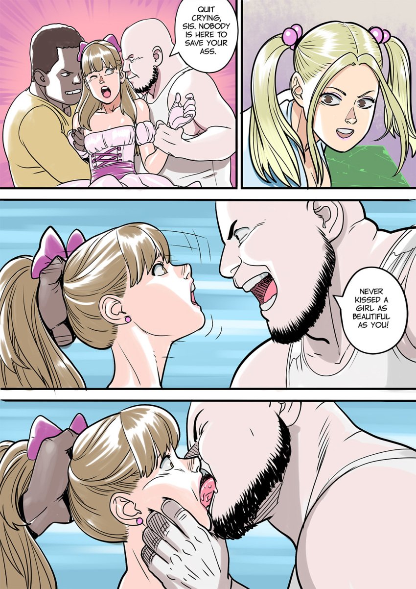 2girls age_difference blonde_hair brown_eyes clothing comic eyeshadow female forced_kiss french_kiss hair_grab imminent_gangbang imminent_oral july_(tekuho) kissing lipstick lisa_(tekuho) long_hair makeup male open_mouth original teenager tekuho tied_hair twintails wide_eyed young