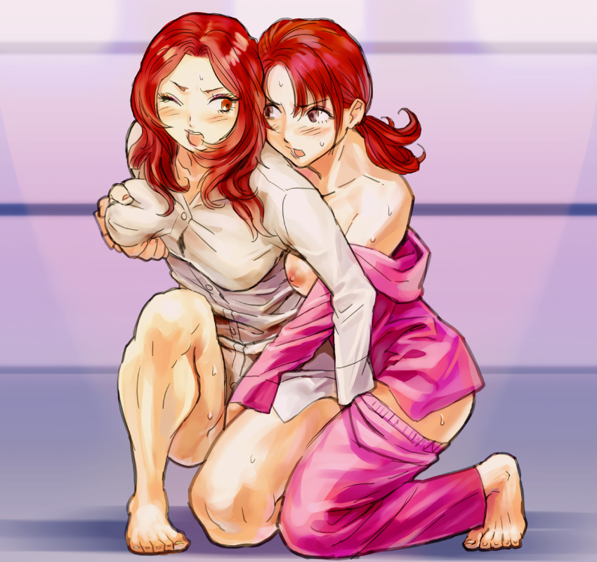 2girls barefoot big_breasts blush breasts_out brown_eyes catfight female_only fight fingerin fingering from_behind isaki light-skinned_female looking_at_another nipple_piercing open_mouth pajamas red_hair remora_works sweat