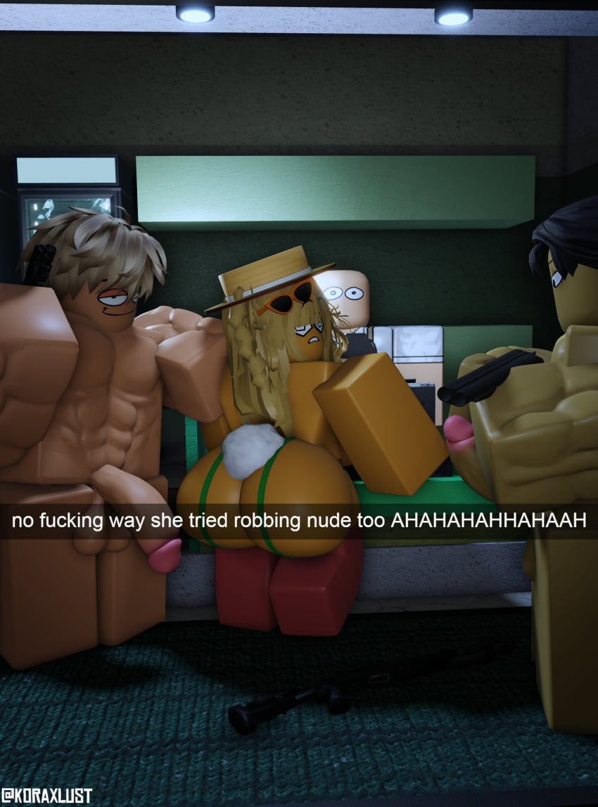 1girls 3boys 3d ass balls big_breasts blonde_hair bunny_tail criminality defeated english_text gun imminent_rape koraxlust lucy_(kora_x) nude original_character penis roblox roblox_game robloxian snapchat stunned tagme text twitter_username whora whoraxlust