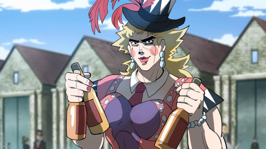 1boy bottles bracelet day earrings girly_clothing hat jewelry jojo's_bizarre_adventure looking_at_viewer makeup male_focus male_only not_porn painted_nails phantom_blood robert_edward_o_speedwagon smiling_at_viewer solo_male tequila tequila_joseph_(cosplay) tie