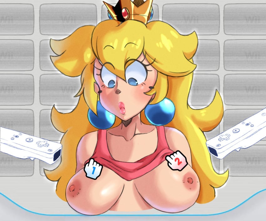 assisted_exposure blush breasts embarrassed female female_only mario_(series) princess_peach princesskari tagme tanktop wii_menu wii_remote