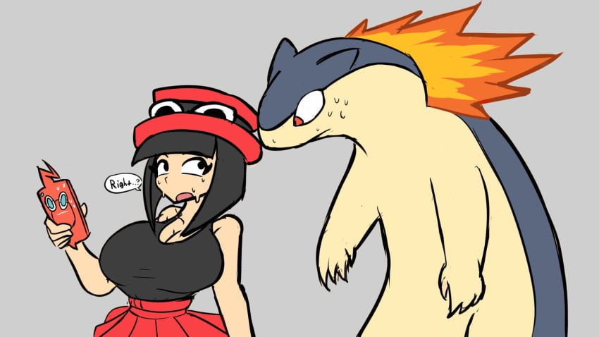 1girls 2024_pokemon_teraleak big_breasts black_hair delta_(desiredelta) desiredelta dialogue english english_text female female_focus fully_clothed hat light_skin mary_(desiredelta) original pokemon sweat typhlosion