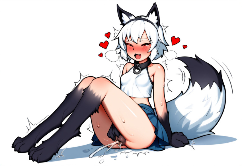 ahe_gao ai_generated blush canine_pussy choker cookie-girl crop_top digitigrade eve_(oc) excessive_pussy_juice female_orgasm fox_ears fox_tail hairband happy heart_symbol original_character red_eyes shaking skirt upskirt white_hair