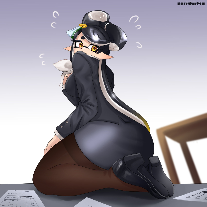 1girls ass big_ass big_butt black_hair black_skirt breasts butt callie_(office_lady) callie_(splatoon) inkling inkling_girl kneeling long_hair looking_back norishiitsu office_lady pantyhose paper pointy_ears skirt splatoon splatoon_(series) splatoon_3 tentacle tentacle_hair